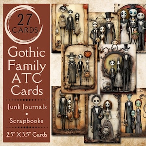 Tarjetas ATC de familia gótica. Papel digital de tarjetas de diario de familia zombi. Para artesanos amantes del Halloween gótico.