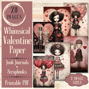Skurriles Valentine Junk Journal Papier. Digitales Papier von Country-Valentinstagskarten im Stil skurriler, verrückter Aquarelle.