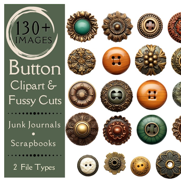 Vintage Buttons Fussy Cuts for Junk Journals. Digital paper of antique buttons junk journals. Clipart of old buttons for scrapbooks.