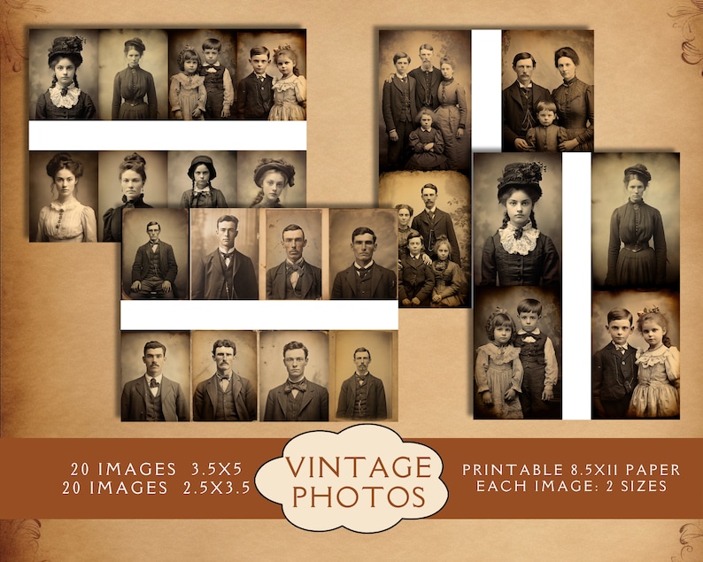 Digital paper of 1800s pictures of families, children, men and women for scrapbooks. Victorian ephemera. Vintage Victorian Pictures Junk Journal Paper. Digital paper of vintage victorian ephemera for junk journals. For the vintage crafter.