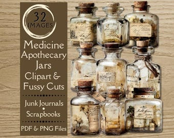 Medicine Jar Fussy Cuts for Junk Journals. Digital paper of apothecary jars for junk journals. Clipart of medical jars. PNG files.