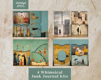 Whimsical Junk Journal Kits. Whimsical primitive digital folios, pockets & tags for junk journals. Rustic country junk journal kits.