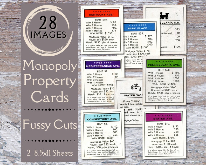 Monopoly Property Cards. Junk Journal Ephemera. Digital Paper of 28