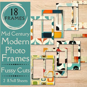 Op de afbeelding: 18 Mid-Century Modern fotolijsten met gedetailleerde uitsnijdingen. De lijsten zijn in verschillende geometrische vormen en kleuren, waaronder oranje, blauw, groen en wit. De lijsten zijn in een collage op een houten achtergrond gerangschikt. 2 vellen van 8,5 x 11 inch.