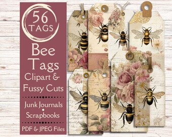 Vintage Bee Junk Journal tags. Digital paper of antique bee tags for junk journals and scrapbooks. Vintage insect tag fussy cuts & clipart.