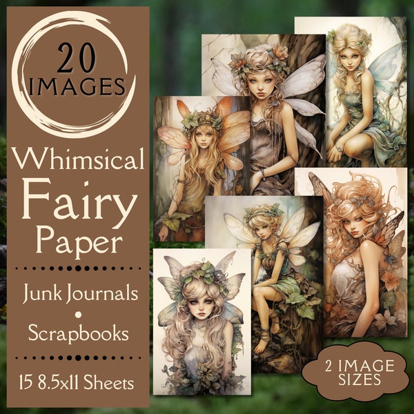 Hand Painted Whimsical Fairy Paper. Digital paper of whimsical forest nymphs for junk journals and scrapbooks. For whimsical fairy crafters.