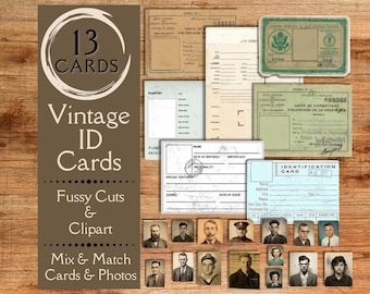 Cartes d'identité vintage et photos Junk Journal Ephemera. Papier numérique de carte d'identité ancienne aux découpes délicates pour les journaux indésirables. Clipart éphémère de journal.