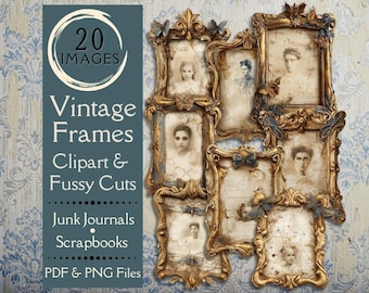 Vintage Frames Fussy Cuts for Junk Journals. Digital paper of antique gold picture frame clipart for scrapbooks. For vintage crafters.