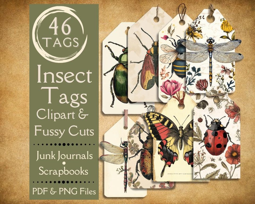Insect Tag Example Vintage Insect Junk Journal Tags. Digital Paper of Antique Insect Tags ...
