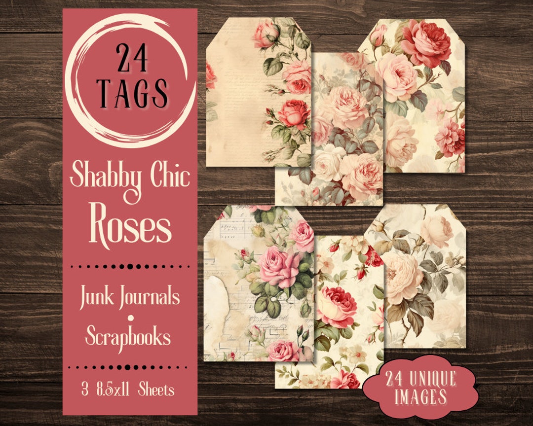 Shabby Rose Junk Journal Tags. Digital Paper of Vintage Rose Tags for ...