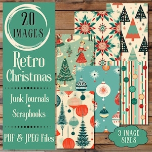 1950er Jahre Retro Weihnachten Junk Journal Papier. Digitales Papier aus der Mitte des Jahrhunderts. Für den Retro-Urlaubsbastler.