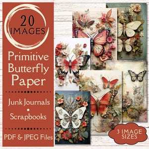 Papier papillon primitif. Papier numérique pour scrapbooking représentant un collage 3D de papillons de nuit et de fleurs botaniques. Pour des albums vintage d'insectes et de mite.