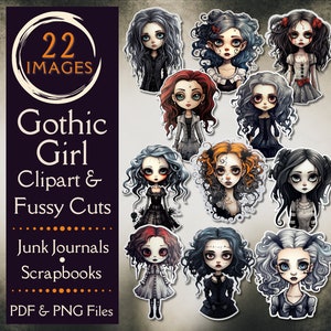 Gothic Girl Clipart. Digital paper of gothic girl fussy cuts stickers for junk journals. For gothic Halloween and spooky Halloween crafters.