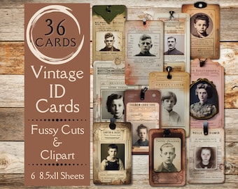 Vintage ID cards Junk Journal Ephemera. Digital paper of antique ID card fussy cuts for junk journals. Ephemera clipart for scrapbooks.