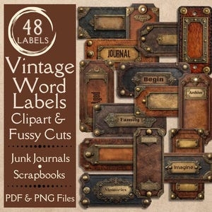 May include: A collection of vintage-style word labels in various shapes and sizes, featuring a distressed leather appearance with brass accents. The labels include words like "Journal," "Family," and "Imagine." The image also includes the text "48 Labels" and "Vintage Word Labels Clipart & Fussy Cuts."