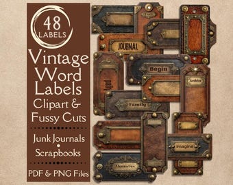 Vintage Grunge Junk Journal labels. Digital paper of leather word tags with brass frames and rivets. Rustic, country fussy cut ephemera.