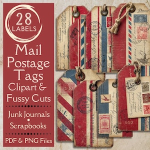 May include: A collection of vintage-style mail postage tags with red, white, and blue stripes and postage stamp designs. The tags are made of aged paper and are tied with twine. Text on the tags includes "28 Labels", "Mail Postage Tags", and "Clipart & Fussy Cuts".
