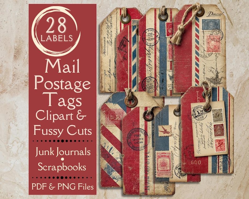 Mail. Tag Pic Vintage Postage Junk Journal Tags. Digital Paper of Mail Stamp Tags for ...