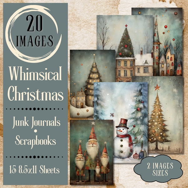 Whimsical Christmas Junk Journal Paper. Digital paper of vintage Christmas scenes for junk journals and scrapbooks. For whimsical crafters.