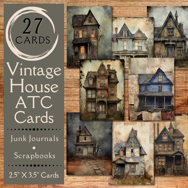 Vintage Grunge House ATC Cards Junk Journal Paper. Digital paper of decaying old house journal cards. For old architecture crafters.