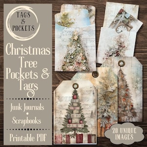 Etiquettes et pochettes de journal pour arbres de Noël. Papier numérique d'éphémères vintage de Noël pour les journaux indésirables. Pour les artisans de Noël.