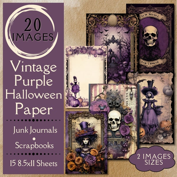 Vintage Halloween Junk Journal digital paper. Purple digital paper with a vintage, steampunk theme, adorned with Halloween embellishments.