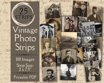 May include: A collage of 25 vintage photo strips, each measuring 2 by 7.5 inches, containing 100 images in total. The strips feature black and white photos of people and scenes from the past. The text "25 STRIPS", "Vintage Photo Strips", "100 Images", "Strip Size: 2 x 7.5"