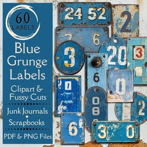 Industrial Grunge Number Labels Fussy Cuts for Junk Journals. Cyfrowy papier w kolorze niebieskim vintage tag clipart. Dla twórców tagów steampunk