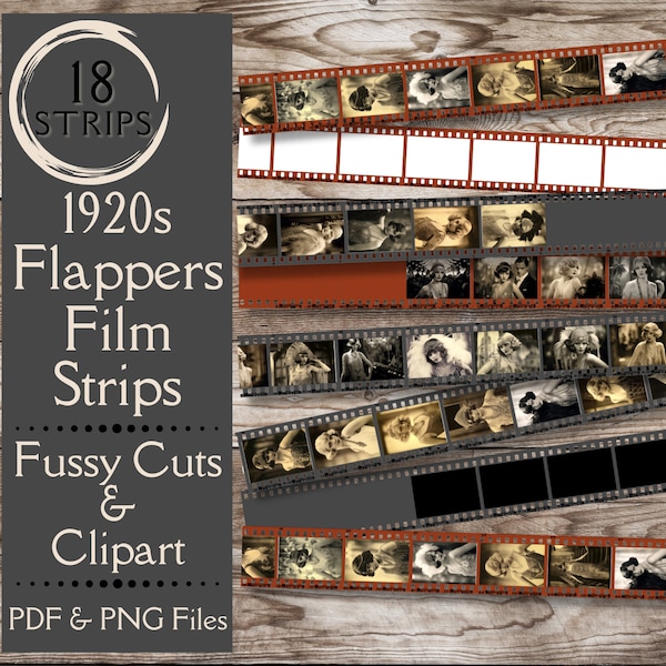 1920s Flapper Film Strips Ephemera for Junk Journals . Digital paper of 1920s film strip negatives fussy cuts. Vintage film clipart.