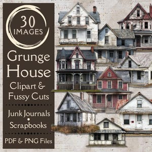May include: A digital collage of 30 grunge style house images. The houses are in various states of disrepair and have a vintage, distressed look. The images are perfect for scrapbooking, junk journaling, and other creative projects.
