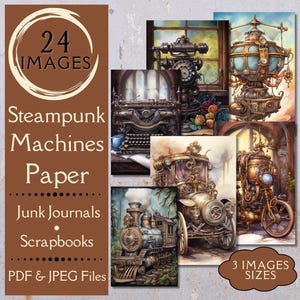Steampunk Machines Junk Journal Paper. Carta digitale Steampunk di treni industriali, auto, moto e aerei per album.