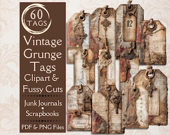 Vintage Grunge Junk Journal tags. Digital paper of weathered distressed tags for scrapbooks. Fussy cut tags for grunge crafters. Retro tags.