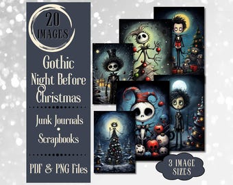 Gothic Christmas Junk Journal Paper. Digital paper of gothic Night Before Christmas scenes. Whimsical Christmas paper.