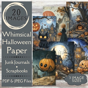 Whimsical Halloween Junk Journal Paper. Digital paper of spooky pumpkins, cats, spiders & haunted houses. Quirky Halloween scenes.