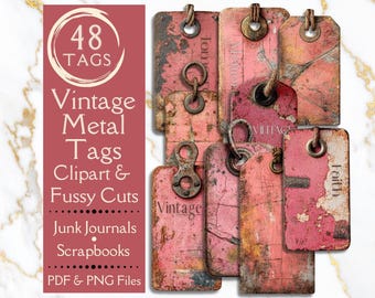 Pink Vintage Junk Journal tags. Digital paper of industrial metal tags for scrapbooks. Shabby word tags. Fussy cut tags for grunge crafters.