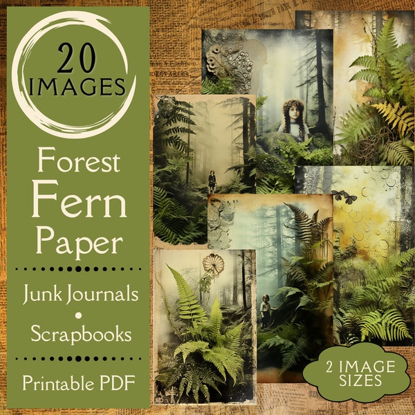 Primitive Forest Fern Junk Journal Paper. Digital paper of forest plants for junk journals. For crafters who love primitive nature & plants.