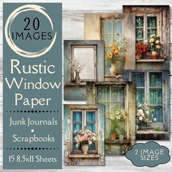 Rustic Farmhouse Window Junk Journal Paper. Digital paper of shabby boho beach house. For crafters who love whimsical vintage cottage homes.