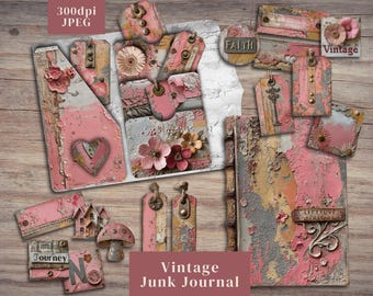 Vintage Grunge Junk Journal Kit. Digital paper of whimsical pink junk journal folios with tags, labels, pocket & more. 300dpi JPEG images