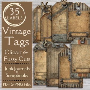 Op de afbeelding: Een verzameling vintage labels met een verweerde, verouderde uitstraling. De labels zijn voornamelijk bruin en beige, met metalen accenten en touwbevestigingen. De afbeelding bevat de tekst "35 Labels", "Vintage Tags", "Clipart & Fussy Cuts" en "Junk Journals Scrapbooks."
