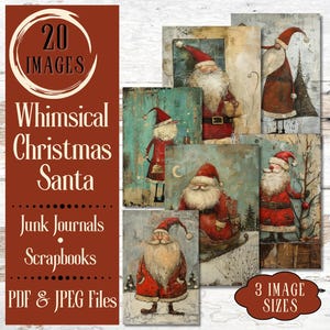 Papier fantaisiste de Noël, père Noël, journal indésirable. Papier numérique représentant le père Noël vintage original et des arbres pour albums de découpures. Éphémères minables de Noël