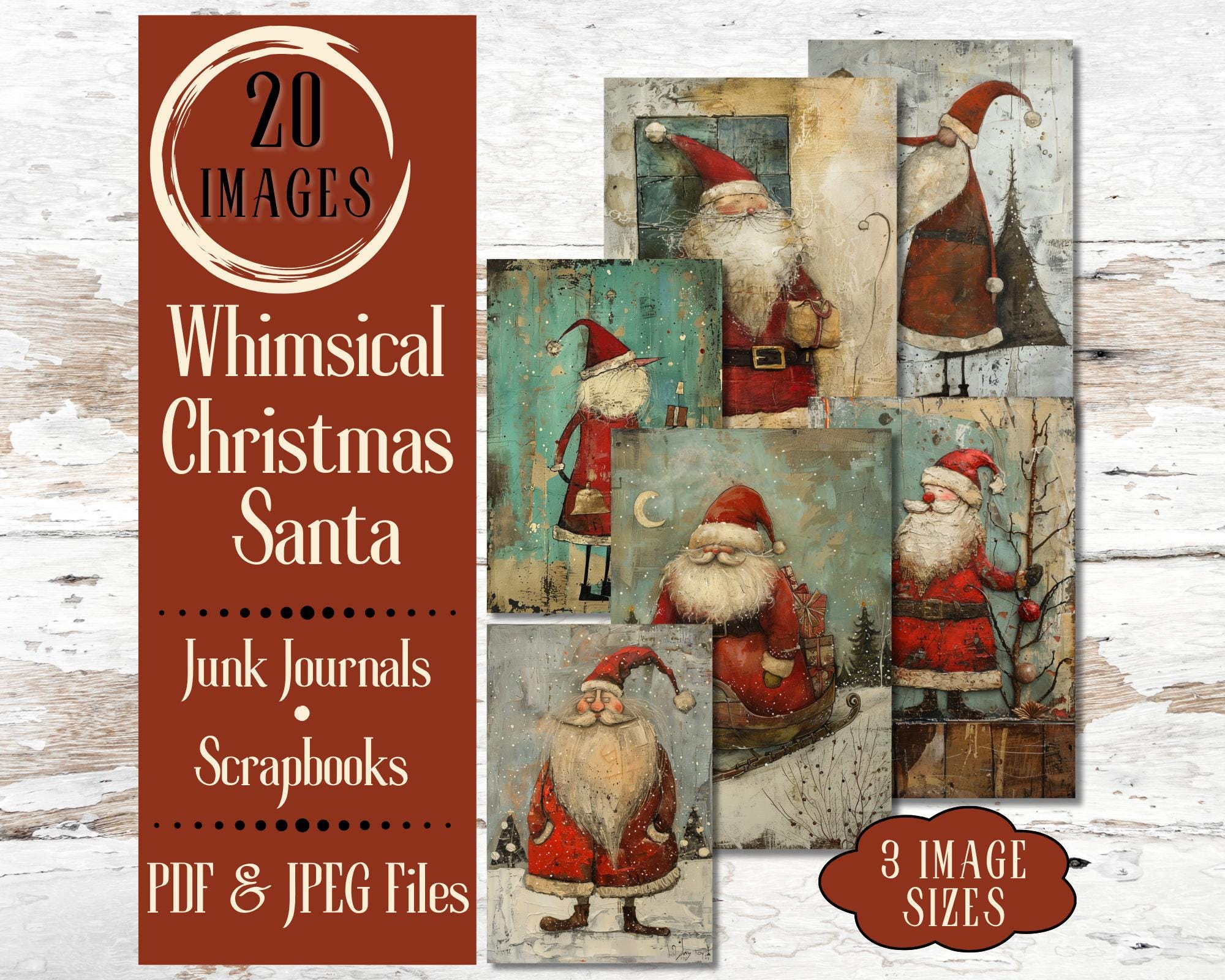 Whimsical Christmas Santa Claus Junk Journal Paper. Digital paper of quirky vintage Santa & trees for scrapbooks. Shabby Christmas ephemera