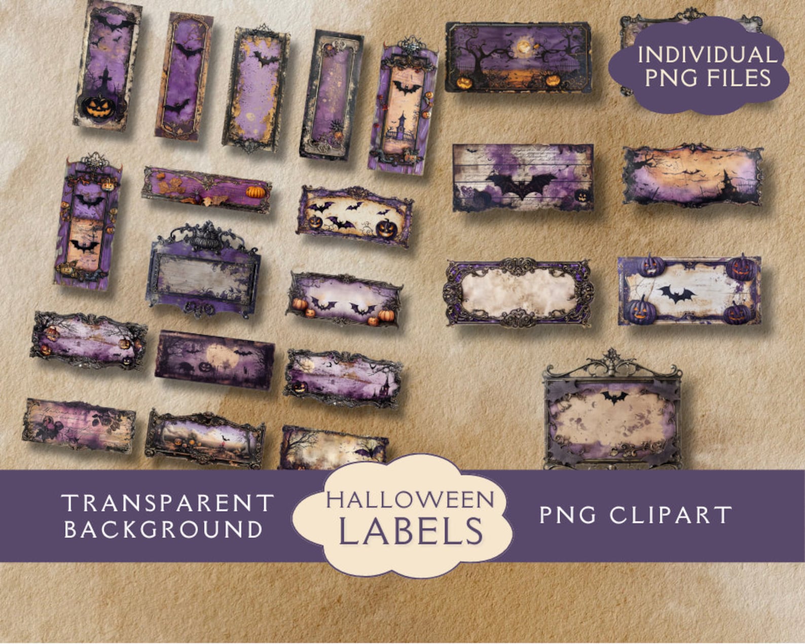Goth Labels Vintage Grunge Purple Halloween Labels Clipart for Junk Journals ...