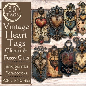 Vintage Junk Journal Tags. Digitales Papier mit viktorianischen Metallherzanhänger für Junk Journals und Scrapbooks. Für Vintage Bastler.