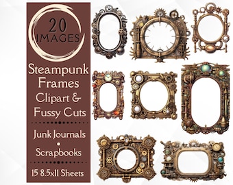 Steampunk Frame Fussy Cuts for Junk Journals. Steampunk digital paper of industrial frames for junk journals. Scrapbook clipart of frames.