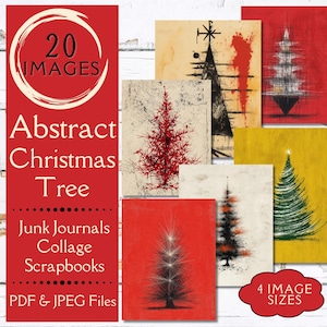 May include: A collection of abstract Christmas tree images in various styles and colors, including red, black, and yellow. The images are suitable for junk journals, collage, and scrapbooks. The text on the image says "20 Images", "Abstract Christmas Tree", and "4 Image Sizes".