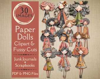 Whimsical Paper Doll Fussy Cuts & Clipart for Junk Journals. Digital paper of cute paper doll clipart illustrations. Printable PNG files.