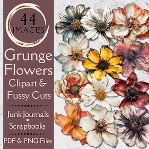 Flores Secas Prensadas Fussy Cuts & Clipart para Junk Journals. Papel digital de flores grunge que são prensadas e realistas. PNG imprimível.