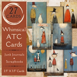 Whimsical ATC Cards Junk Journal Paper. Papel digital de cartões de diário vintage primitivos e grunge. Para artesãos vintage e caprichosos.