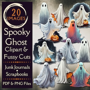 Recortes de fantasmas para diarios basura. Papel digital con imágenes prediseñadas de fantasmas extravagantes para álbumes de recortes. Fantasmas espeluznantes para los artesanos de Halloween más originales.