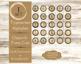 Clipart de teclas de máquina de escribir industrial para revistas basura. Papel digital de teclas de máquina de escribir steampunk para revistas basura y clipart de letras.